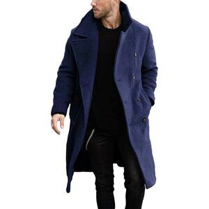 Mens Navy Double Breasted Casual Lapel Collar Business Winter Trench Coat